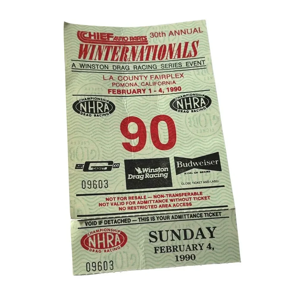 Vtg 1990 NHRA Winternational Hot Rod Winston Drag Racing Ticket Stub w/Holder